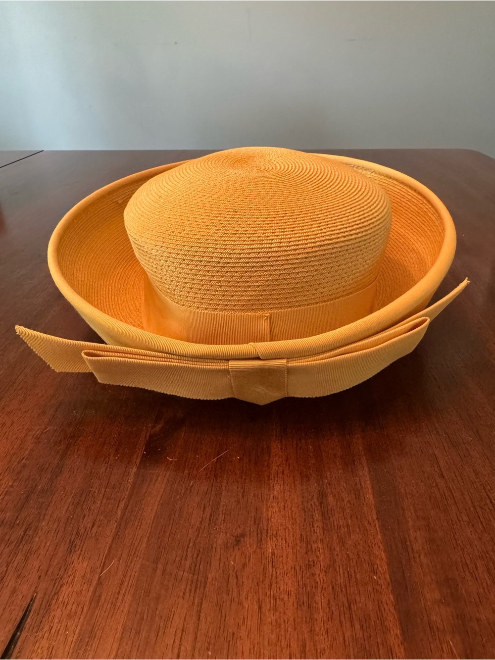 Vintage 1960s Marigold Yellow Woven Straw Breton Hat Oversized Bow